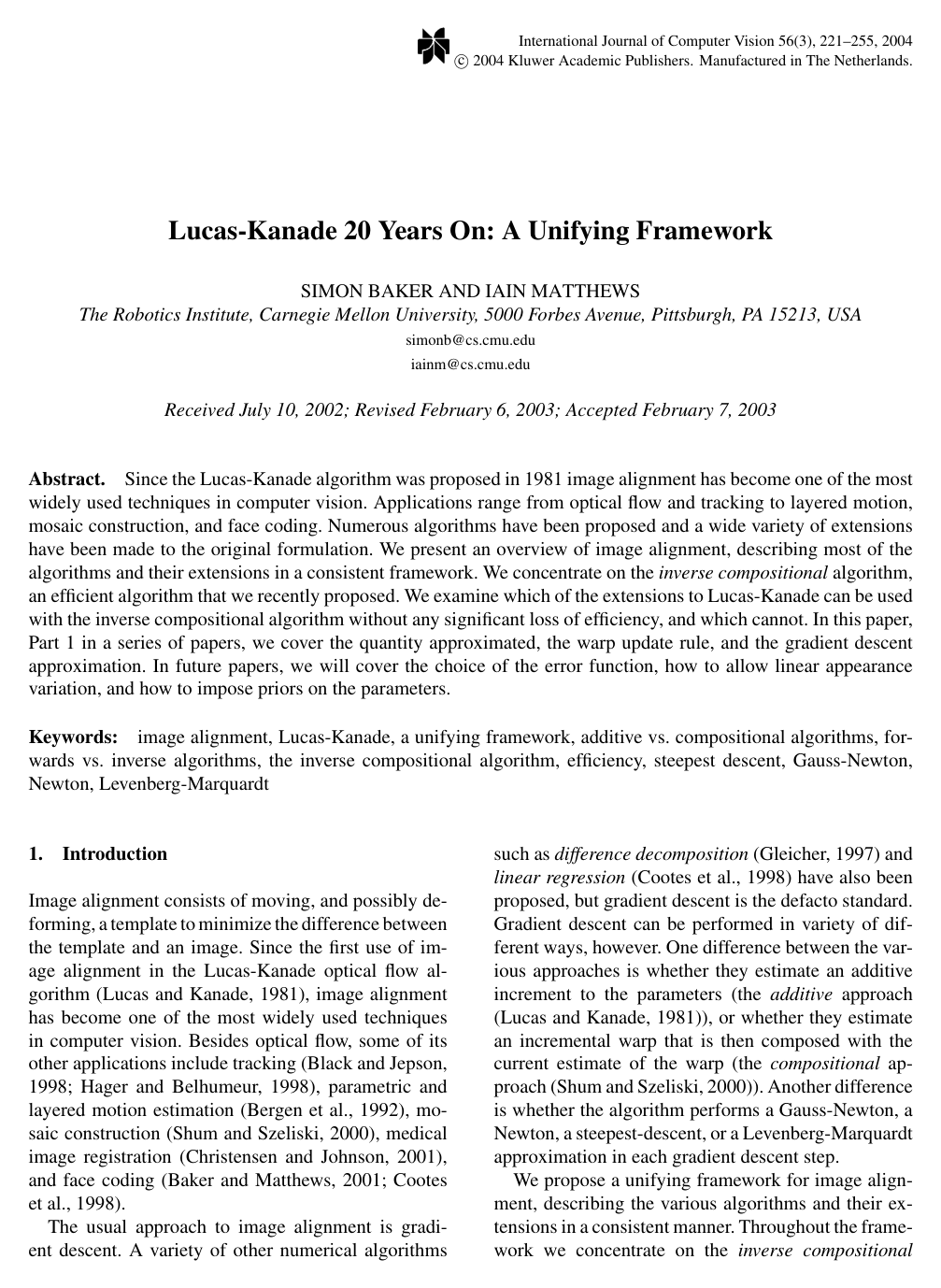 Cover for Lucas-Kanade 20 Years On: A Unifying Framework