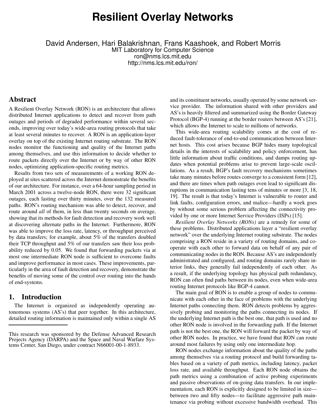 Cover for Resilient overlay networks