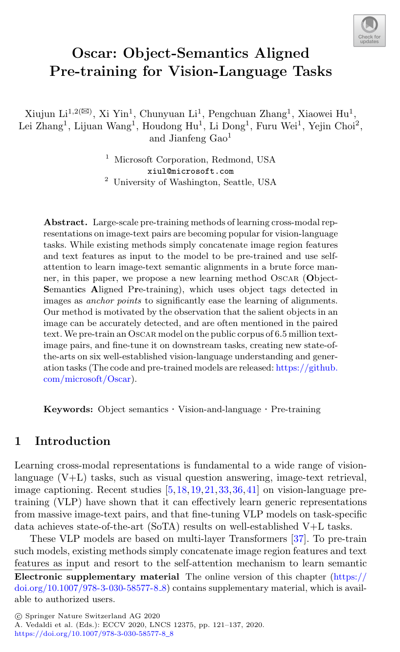 Cover for Oscar: Object-Semantics Aligned Pre-training for Vision-Language Tasks