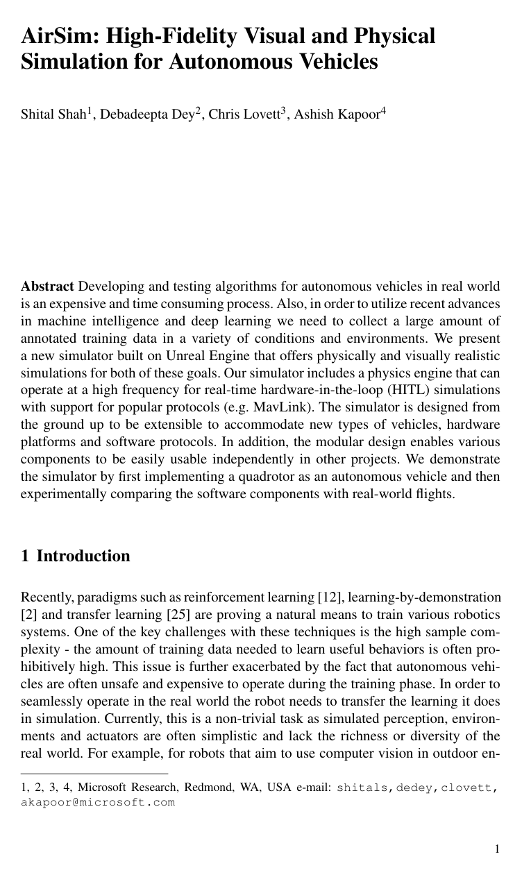 Cover for AirSim: High-Fidelity Visual and Physical Simulation for Autonomous Vehicles