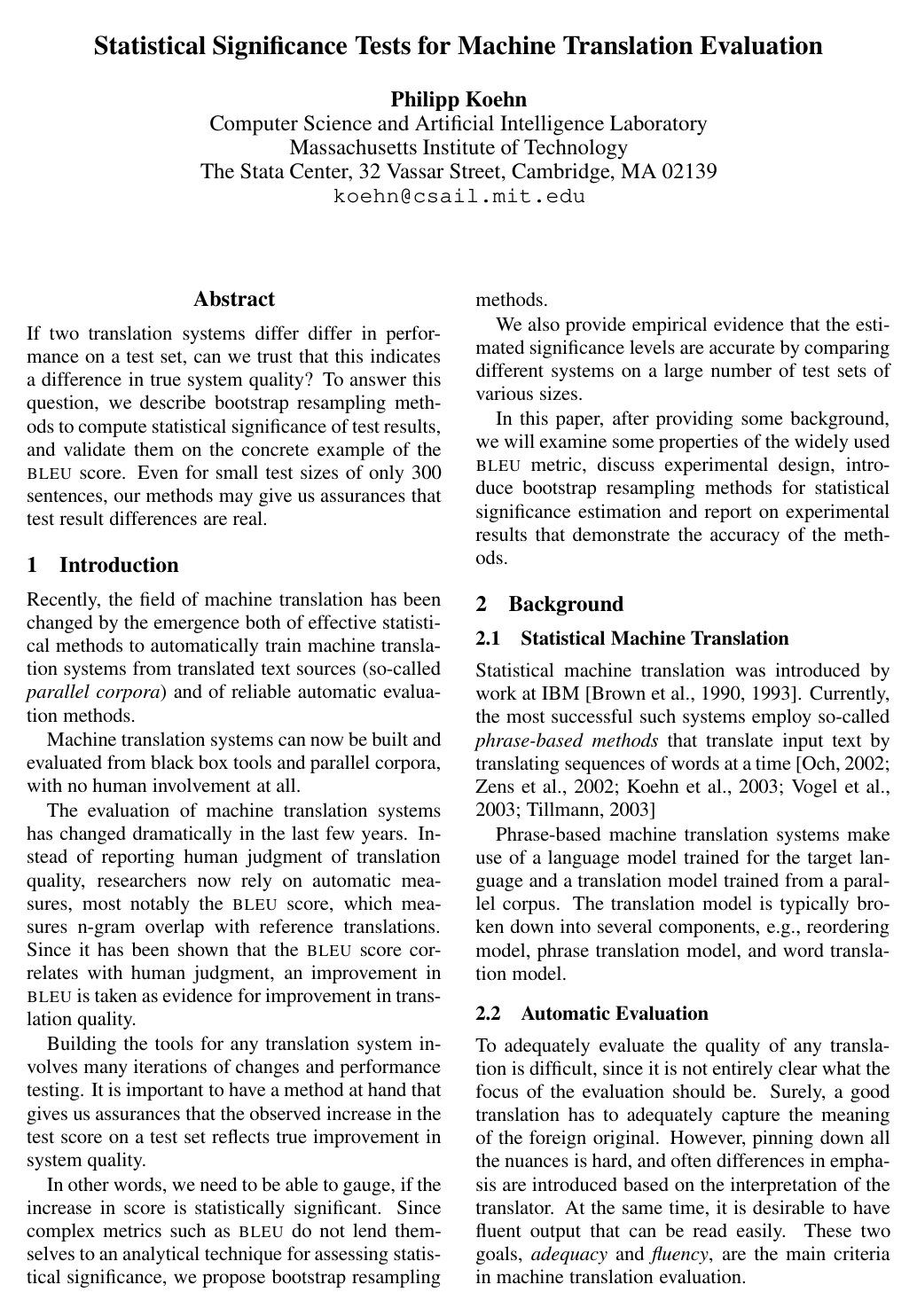 Cover for Statistical Significance Tests for Machine Translation Evaluation