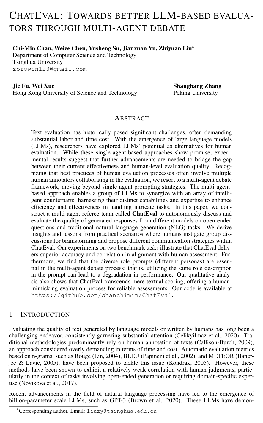 ChatEval: Towards Better LLM-based Evaluators through Multi-Agent Debate