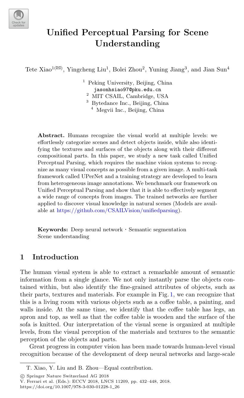 Cover for Unified Perceptual Parsing for Scene Understanding