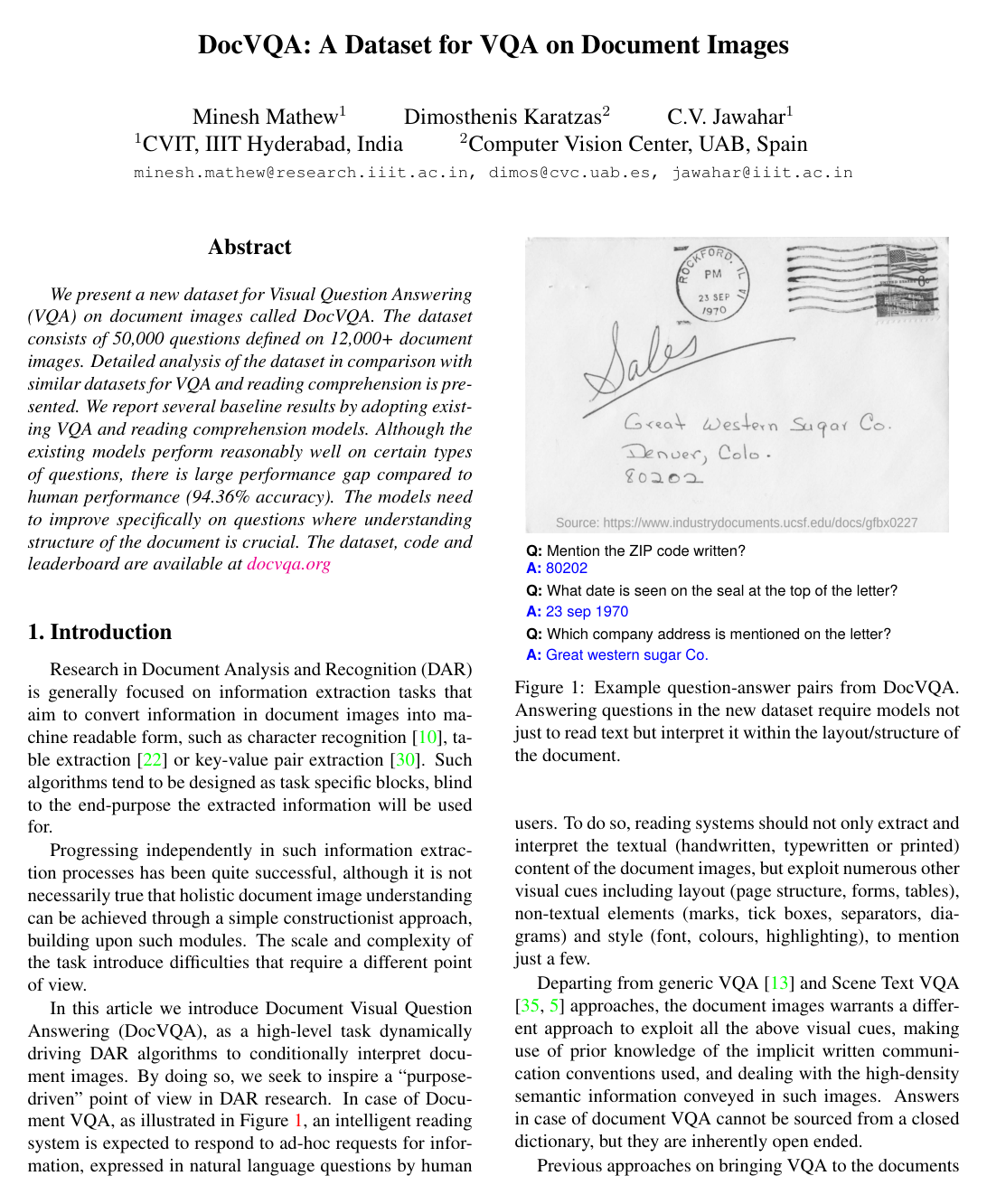 Cover for DocVQA: A Dataset for VQA on Document Images