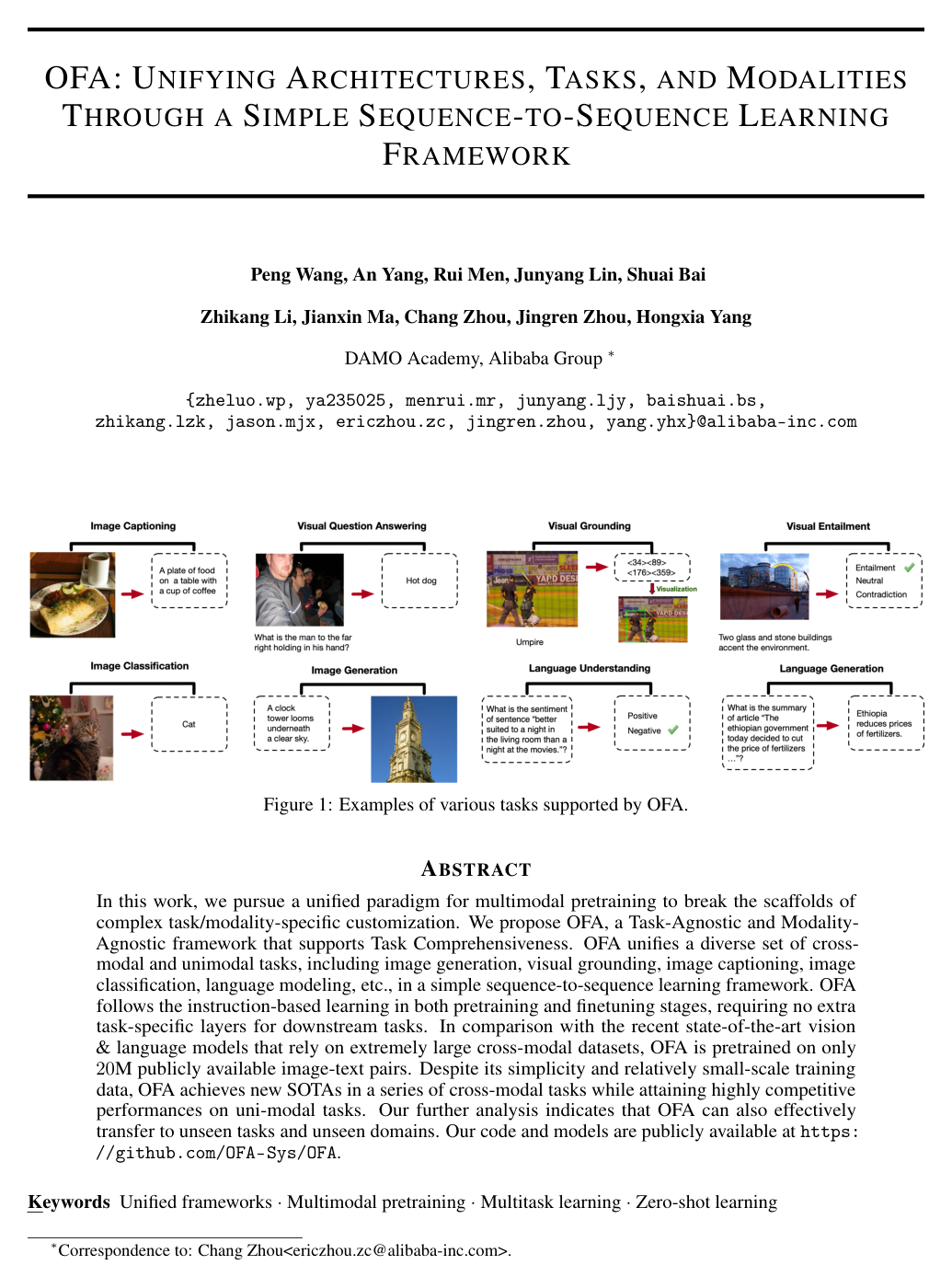 OFA: Unifying Architectures, Tasks, and Modalities Through a Simple Sequence-to-Sequence Learning Framework