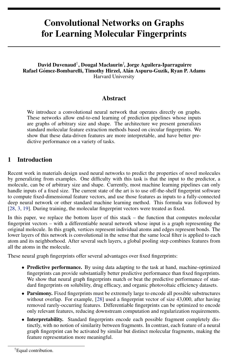 Convolutional Networks on Graphs for Learning Molecular Fingerprints