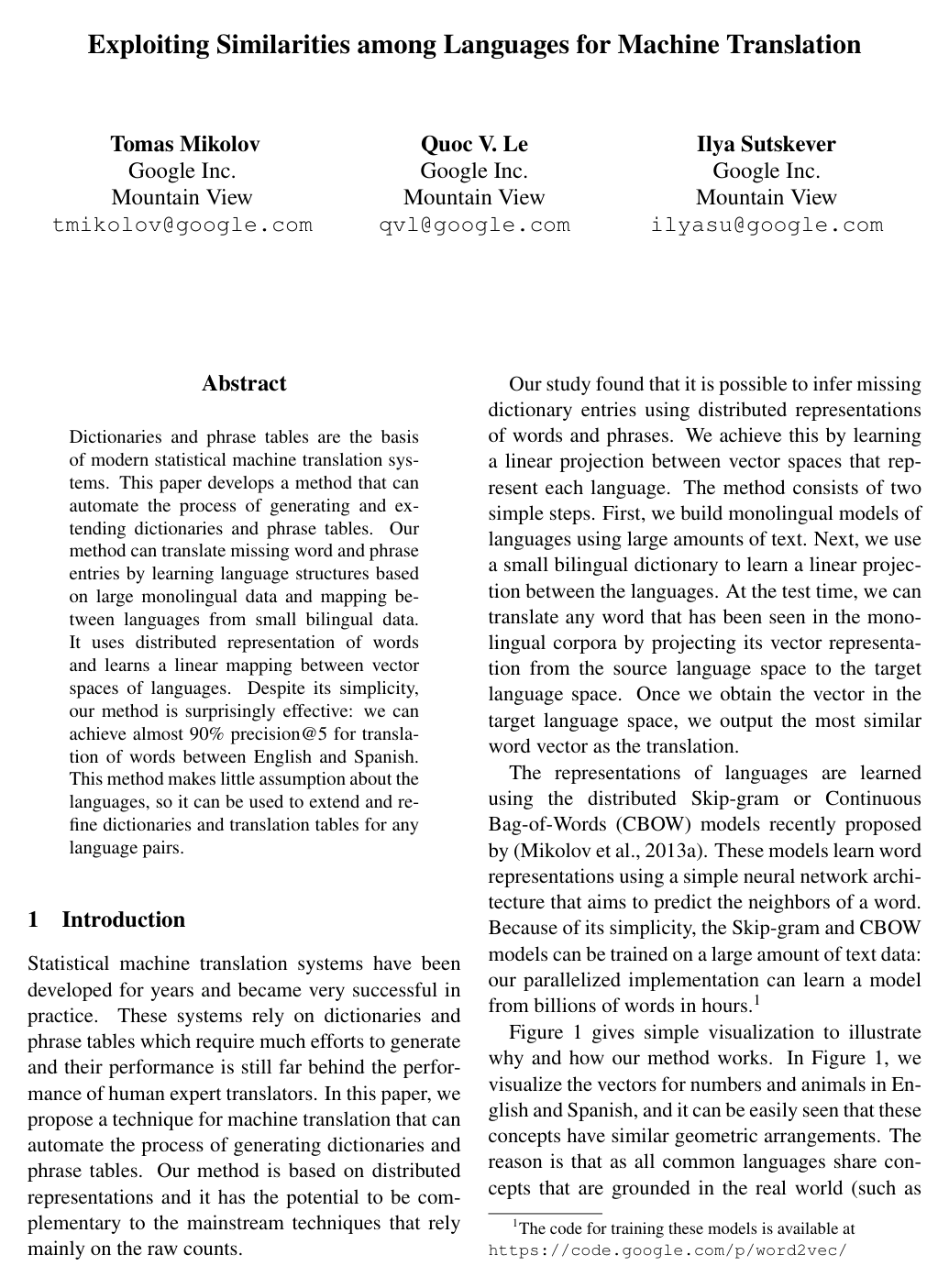 Cover for Exploiting Similarities among Languages for Machine Translation