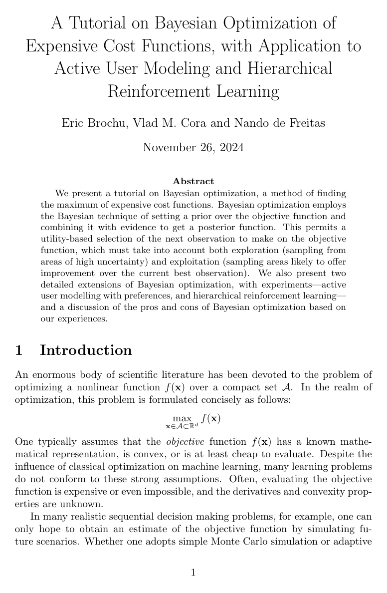 Cover for A Tutorial on Bayesian Optimization of Expensive Cost Functions, with Application to Active User Modeling and Hierarchical Reinforcement Learning