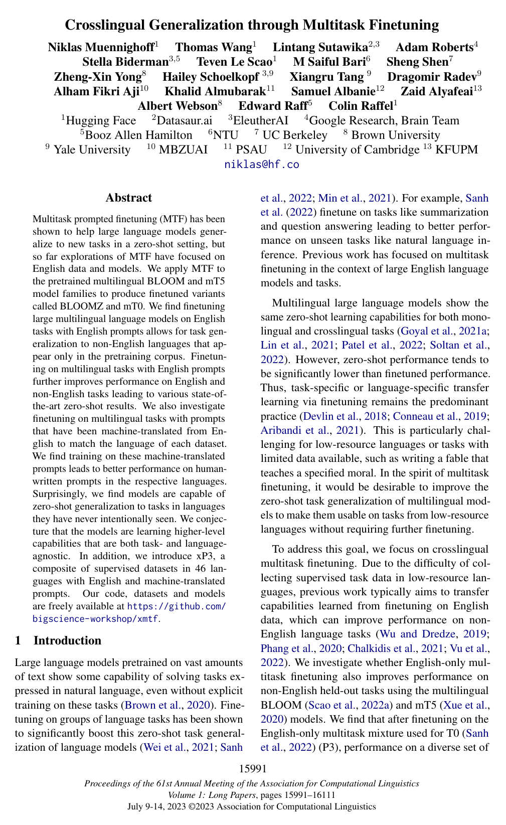Crosslingual Generalization through Multitask Finetuning