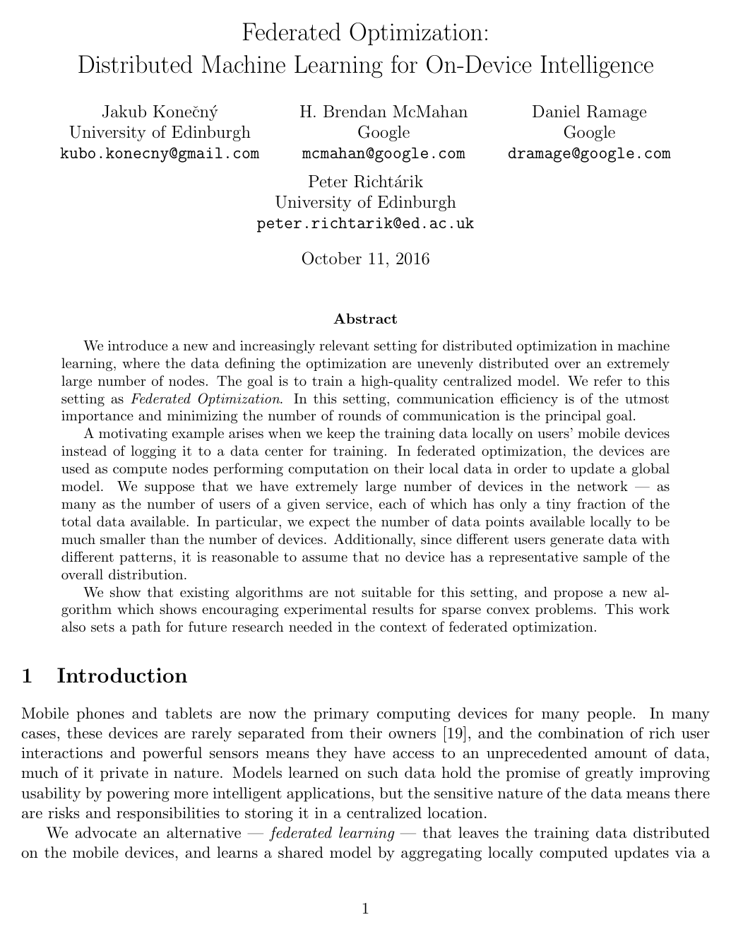 Cover for Federated Optimization: Distributed Machine Learning for On-Device Intelligence