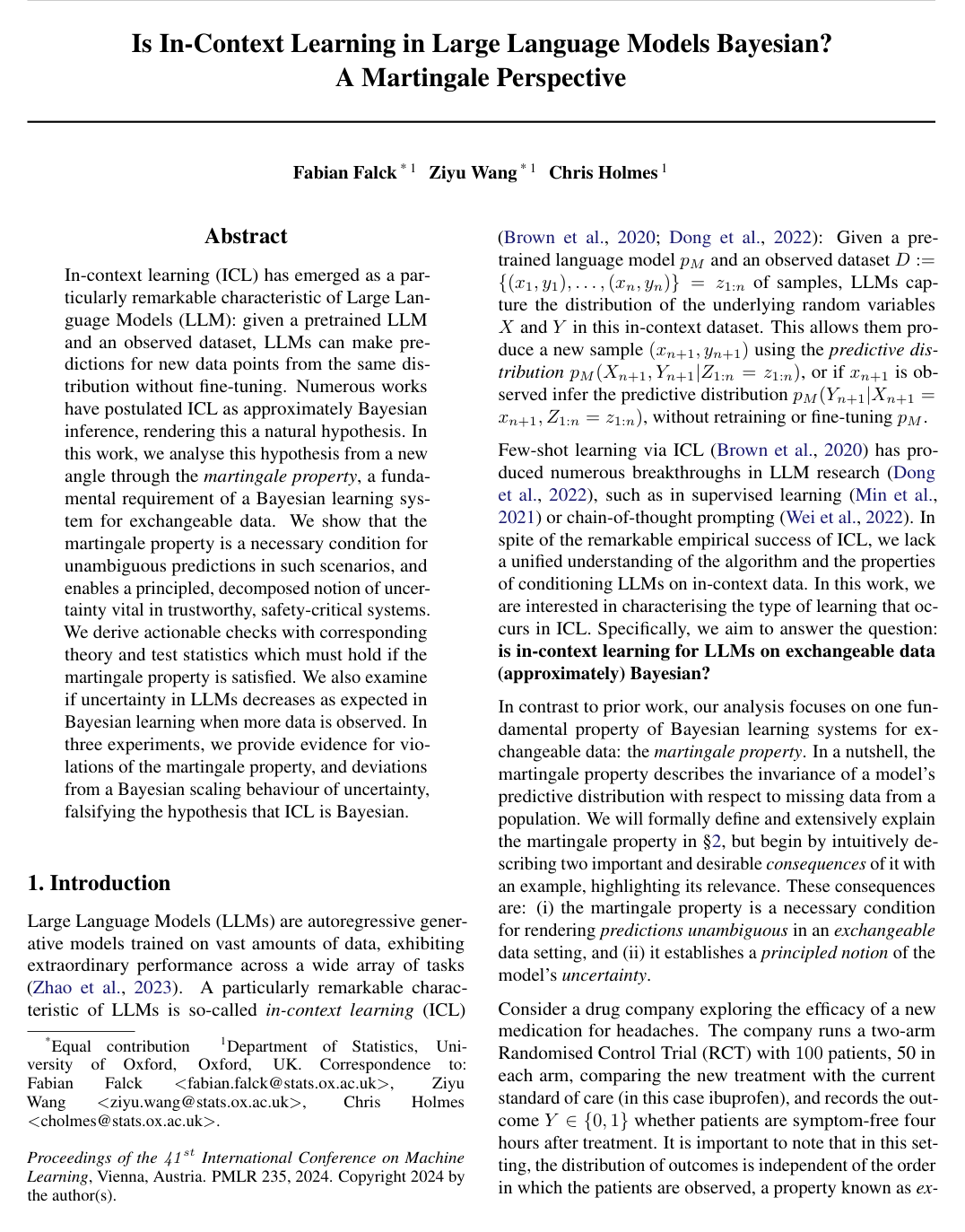 Is In-Context Learning in Large Language Models Bayesian? A Martingale Perspective