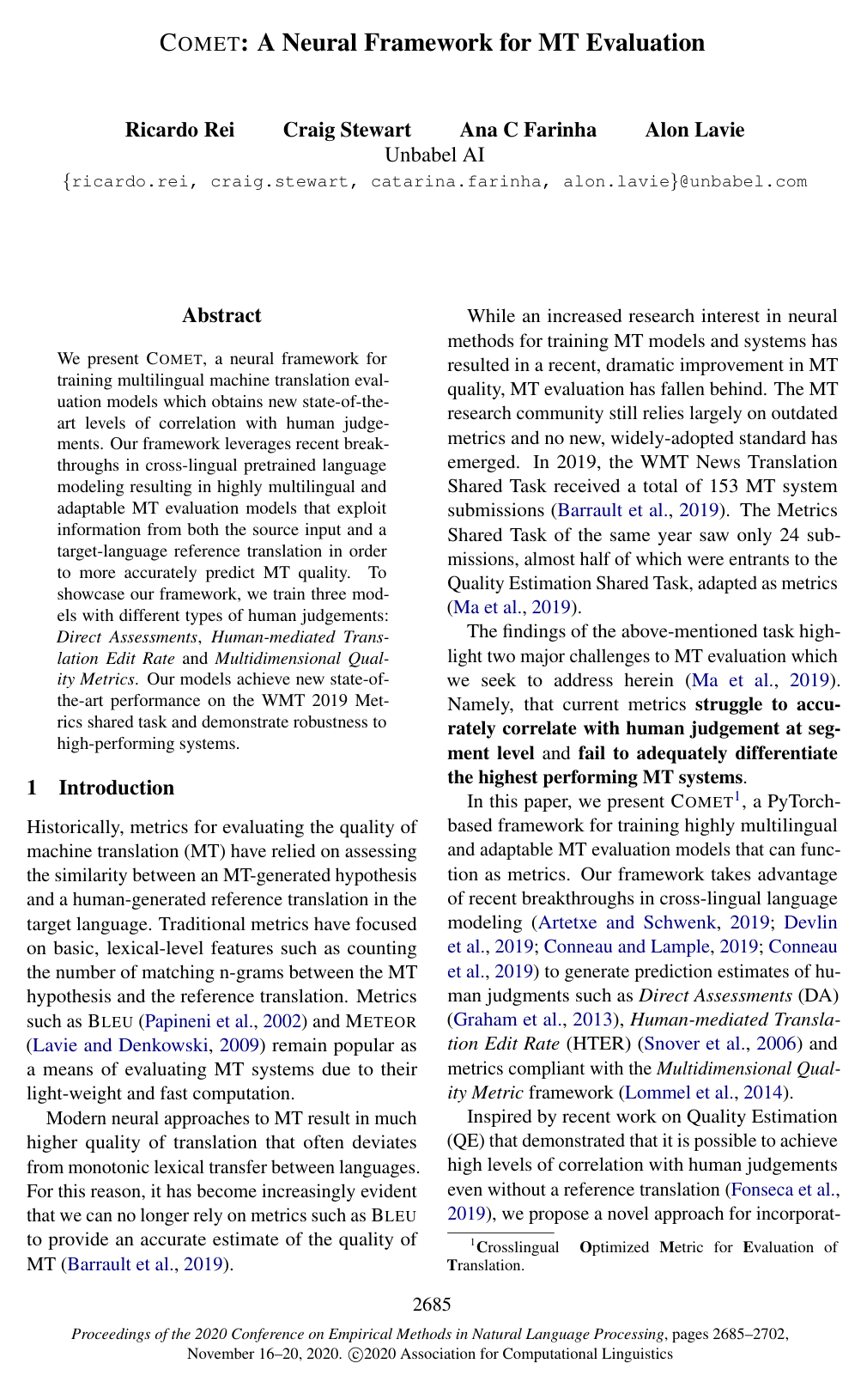 COMET: A Neural Framework for MT Evaluation