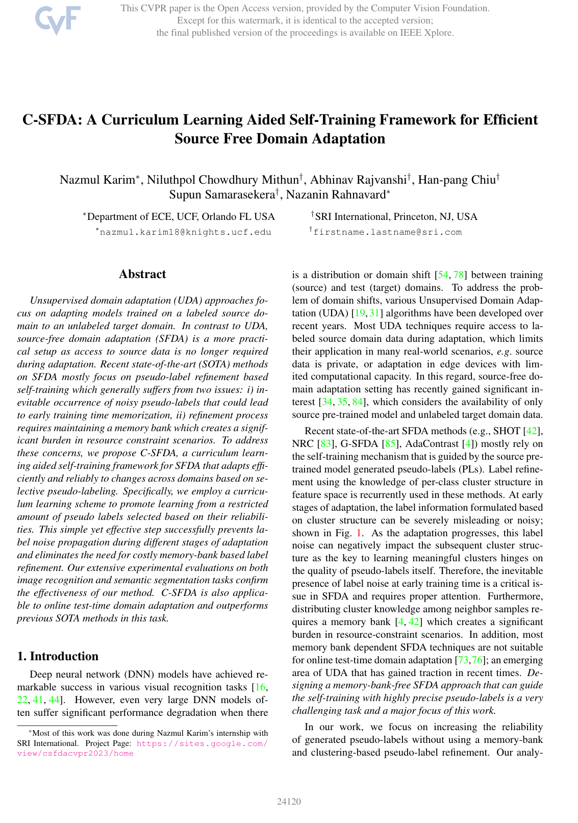C-SFDA: A Curriculum Learning Aided Self-Training Framework for Efficient Source Free Domain Adaptation