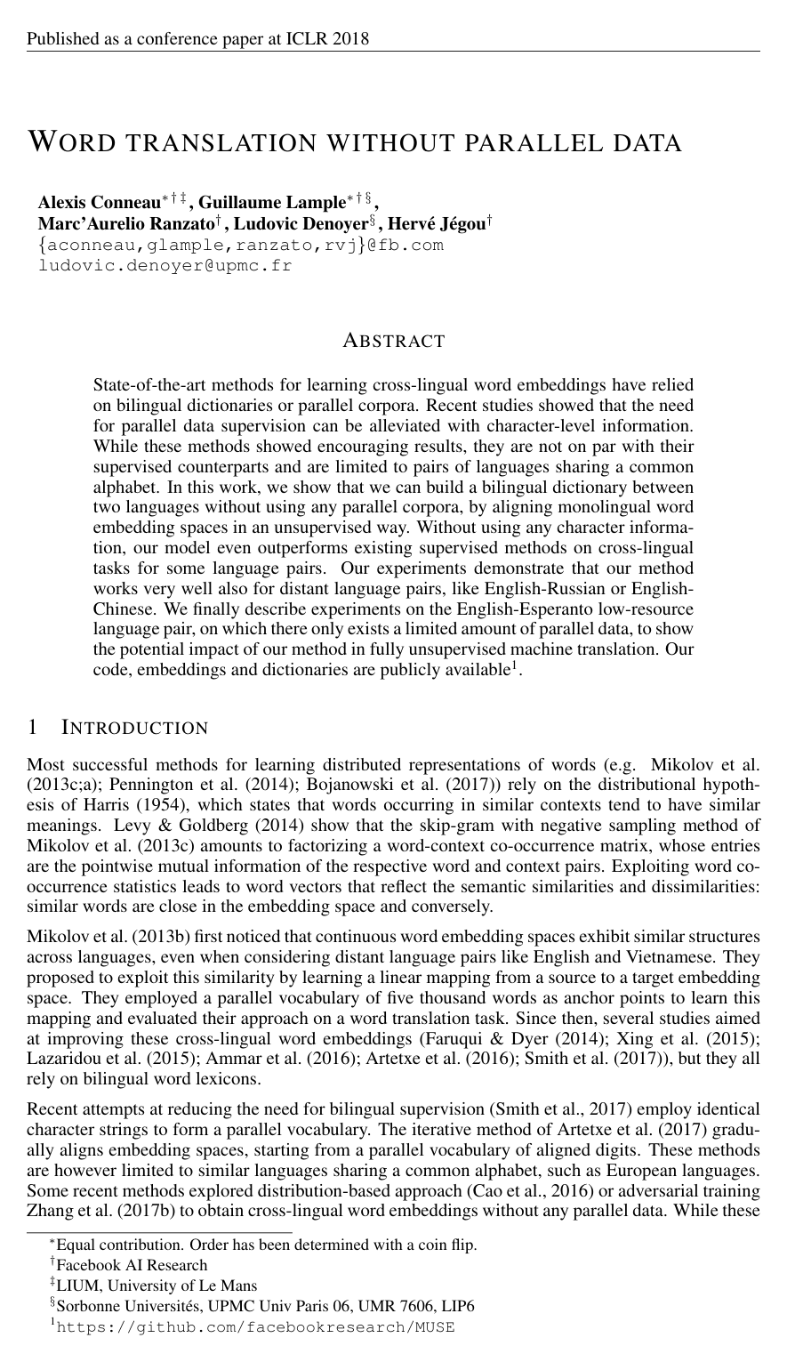 Cover for Word Translation Without Parallel Data