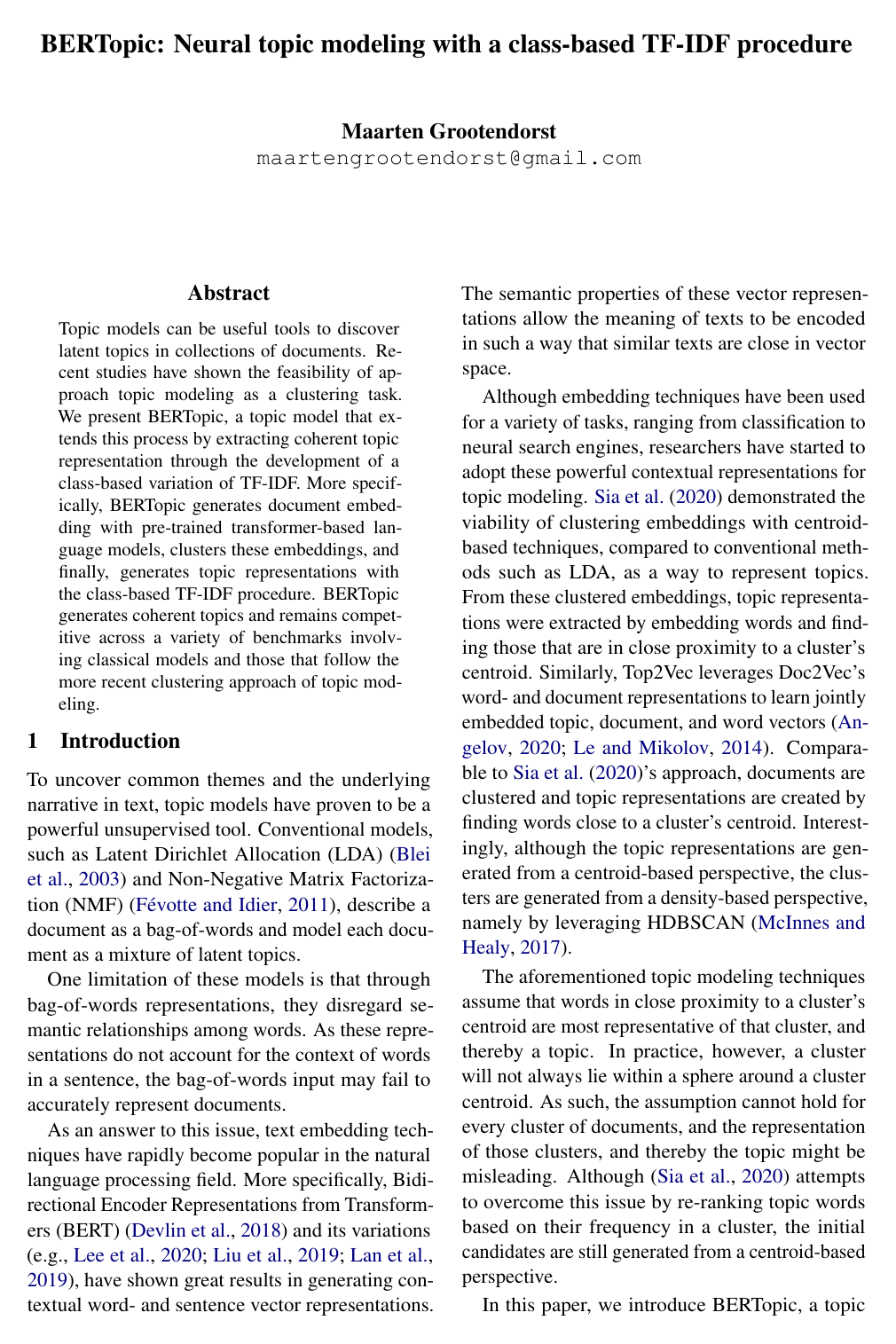 BERTopic: Neural topic modeling with a class-based TF-IDF procedure