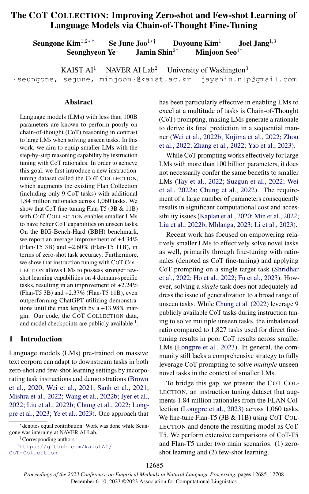 The CoT Collection: Improving Zero-shot and Few-shot Learning of Language Models via Chain-of-Thought Fine-Tuning