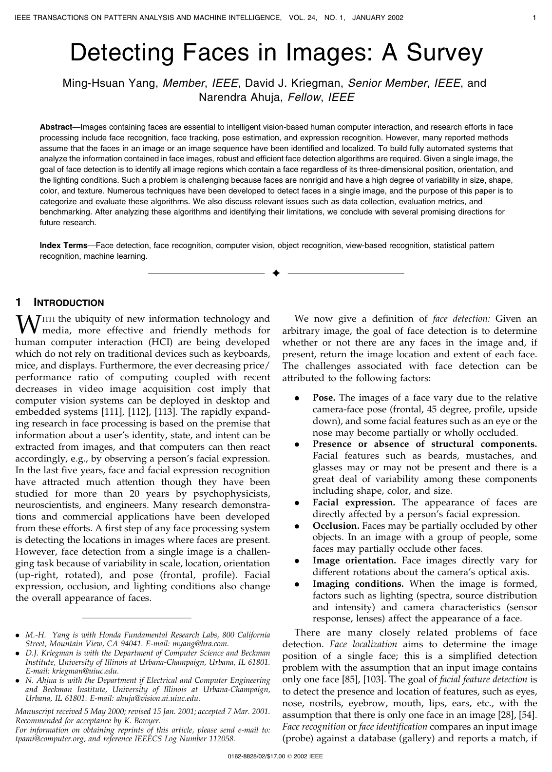 Detecting Faces in Images: A Survey