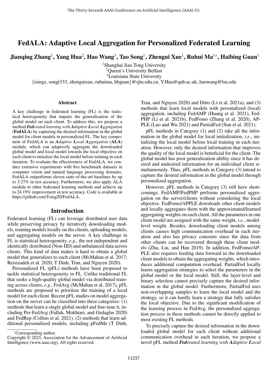 Cover for FedALA: Adaptive Local Aggregation for Personalized Federated Learning