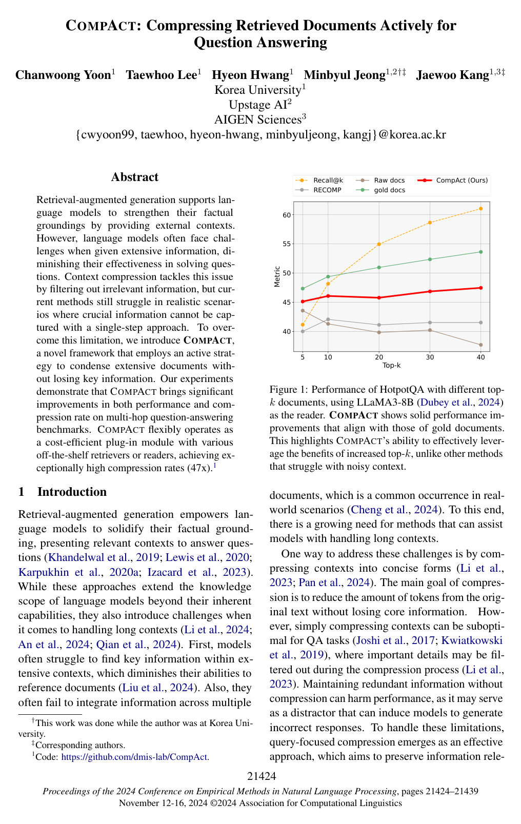 CompAct: Compressing Retrieved Documents Actively for Question Answering