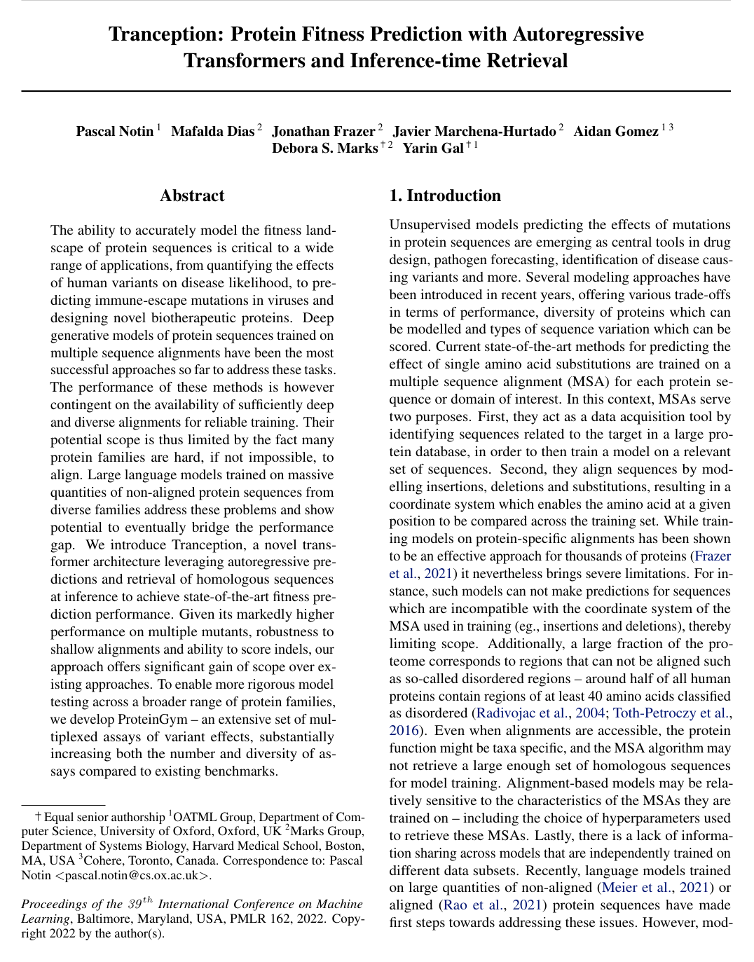 Tranception: Protein Fitness Prediction with Autoregressive Transformers and Inference-time Retrieval