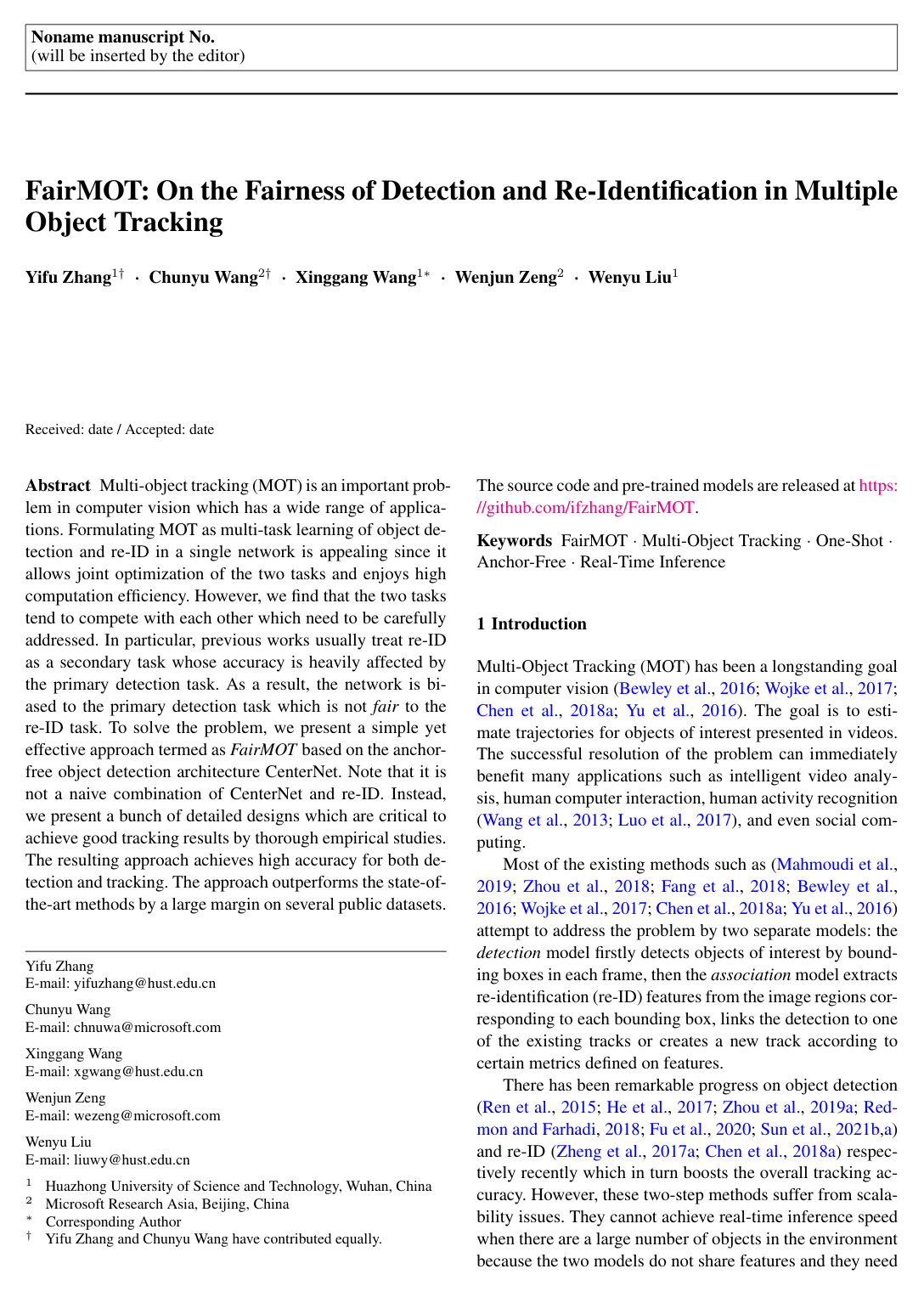 FairMOT: On the Fairness of Detection and Re-identification in Multiple Object Tracking
