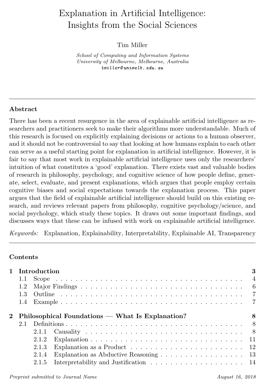 Cover for Explanation in Artificial Intelligence: Insights from the Social Sciences