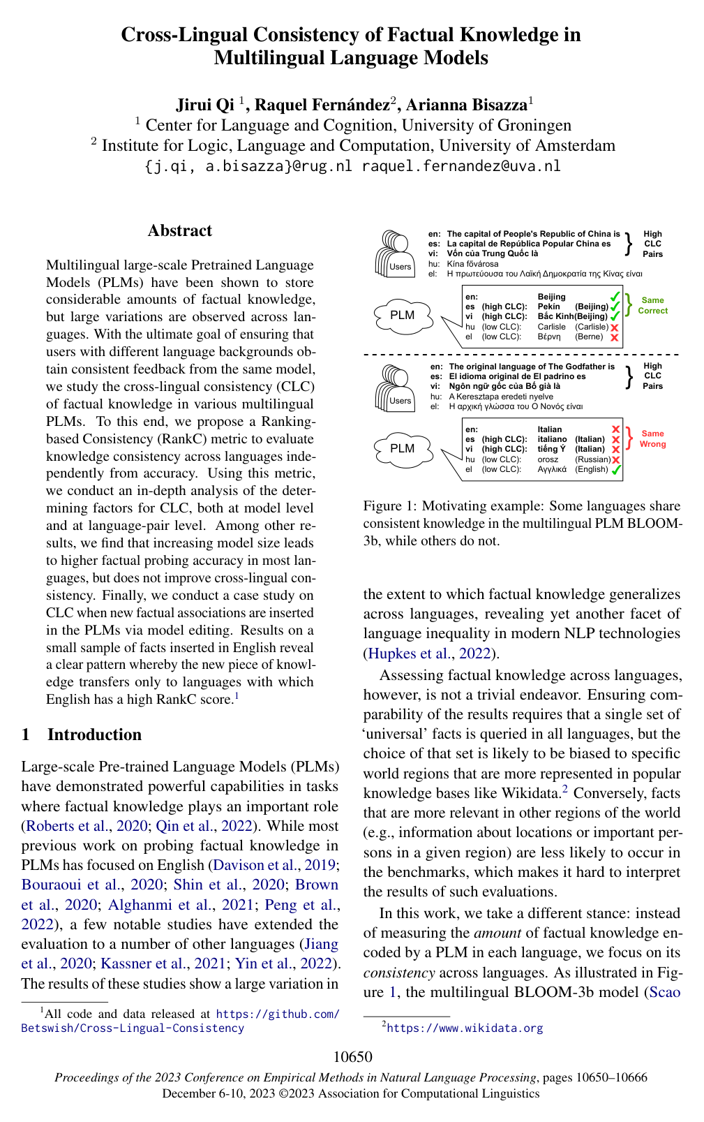 Cross-Lingual Consistency of Factual Knowledge in Multilingual Language Models