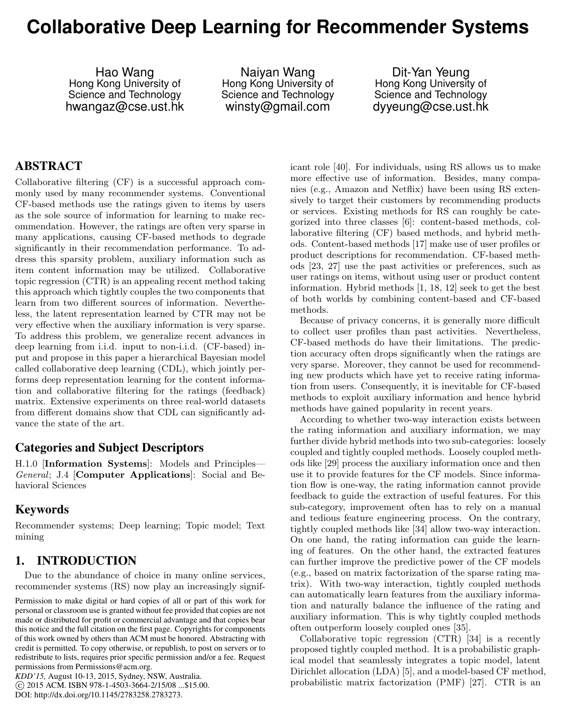 Collaborative Deep Learning for Recommender Systems