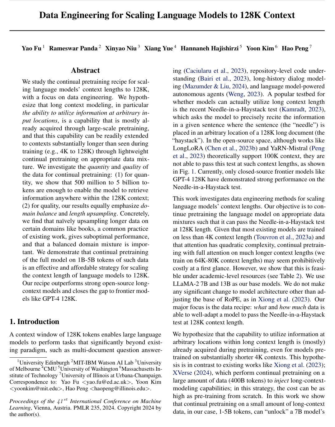 Cover for Data Engineering for Scaling Language Models to 128K Context