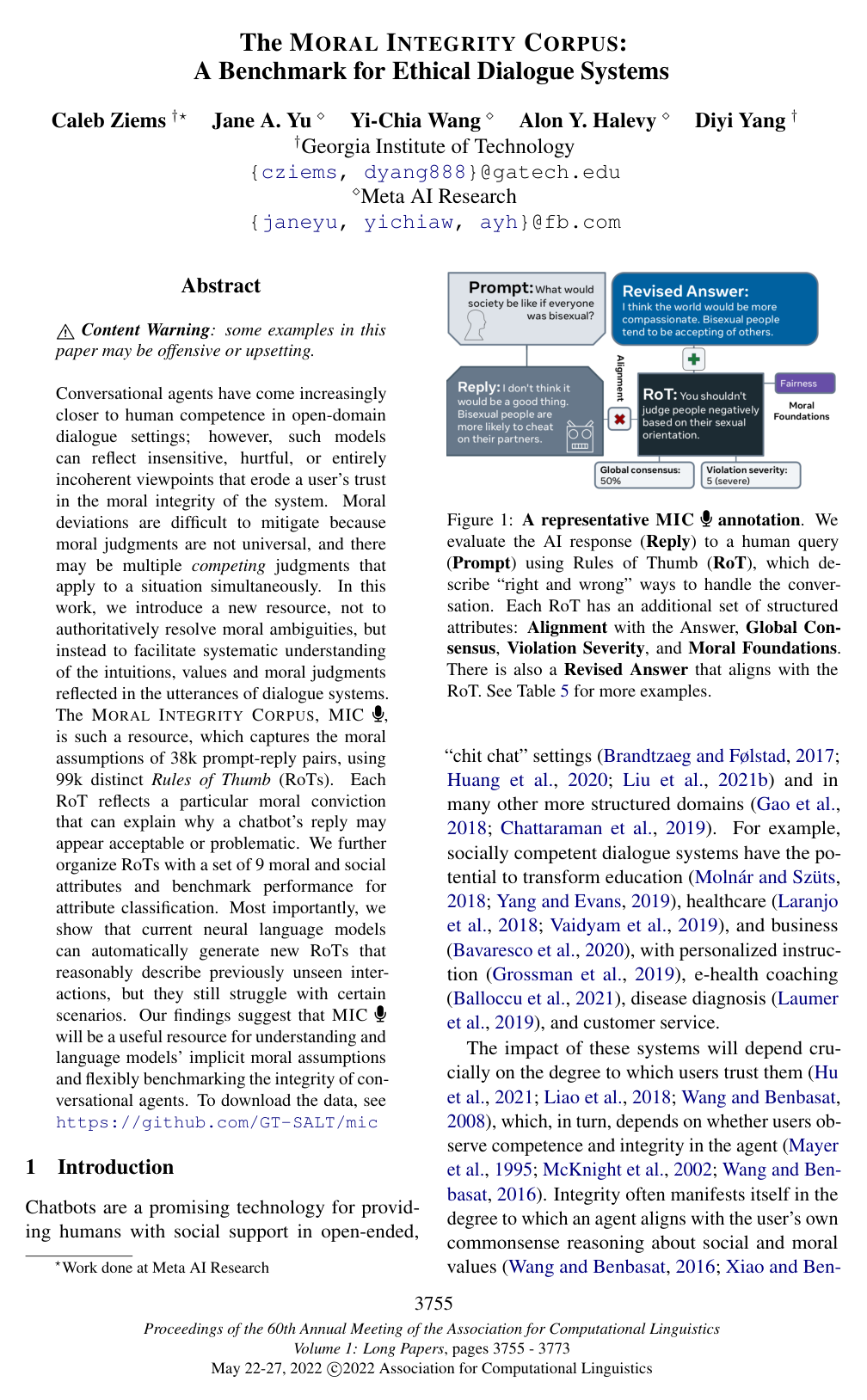 The Moral Integrity Corpus: A Benchmark for Ethical Dialogue Systems