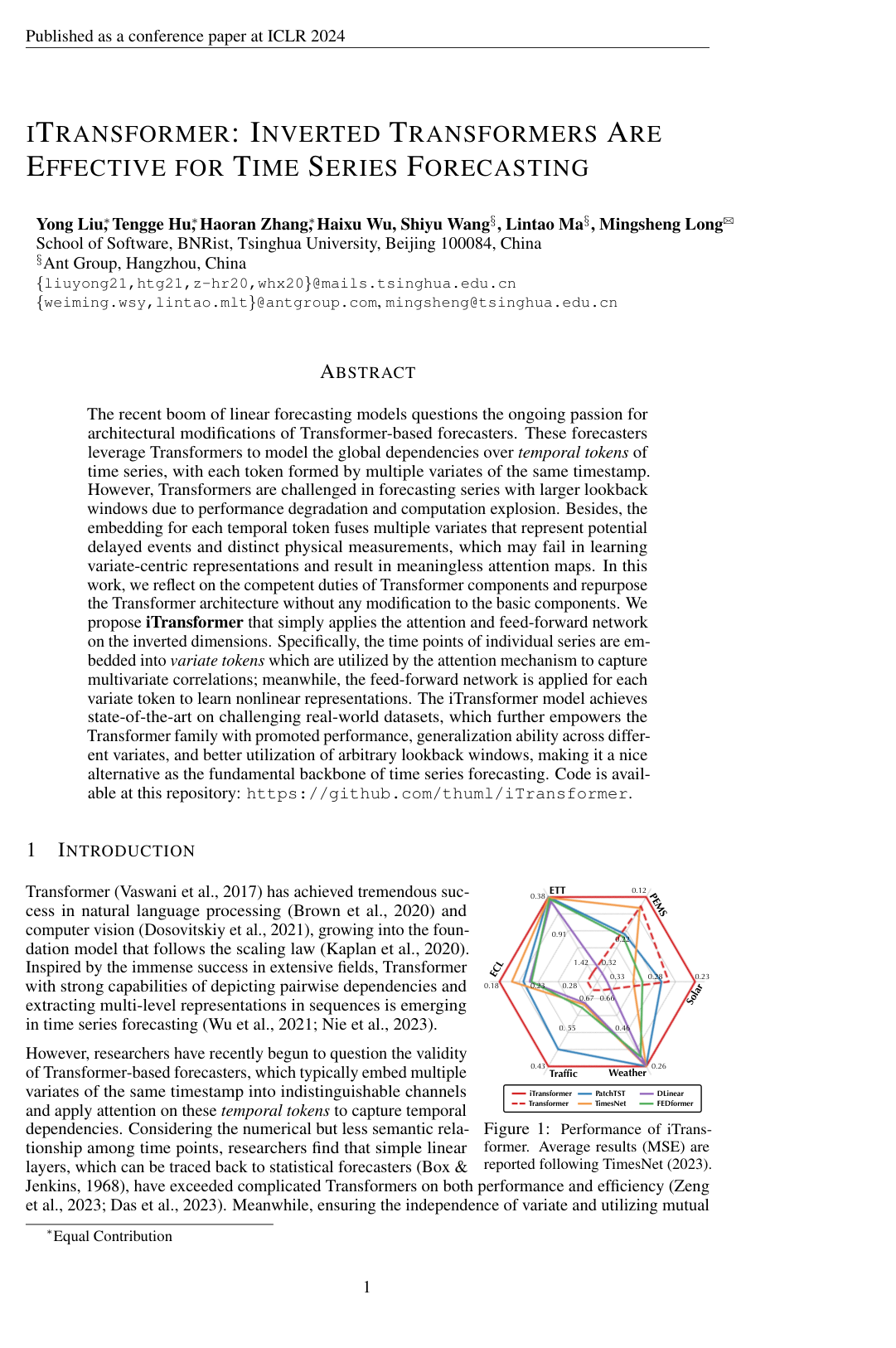 iTransformer: Inverted Transformers Are Effective for Time Series Forecasting