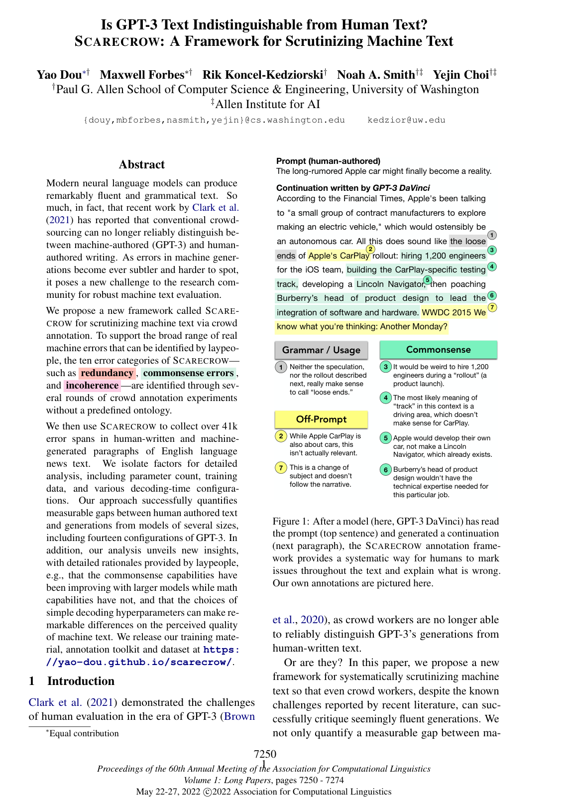 Is GPT-3 Text Indistinguishable from Human Text? Scarecrow: A Framework for Scrutinizing Machine Text