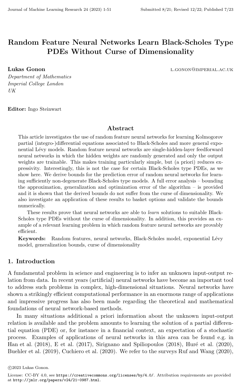 Random Feature Neural Networks Learn Black-Scholes Type PDEs Without Curse of Dimensionality