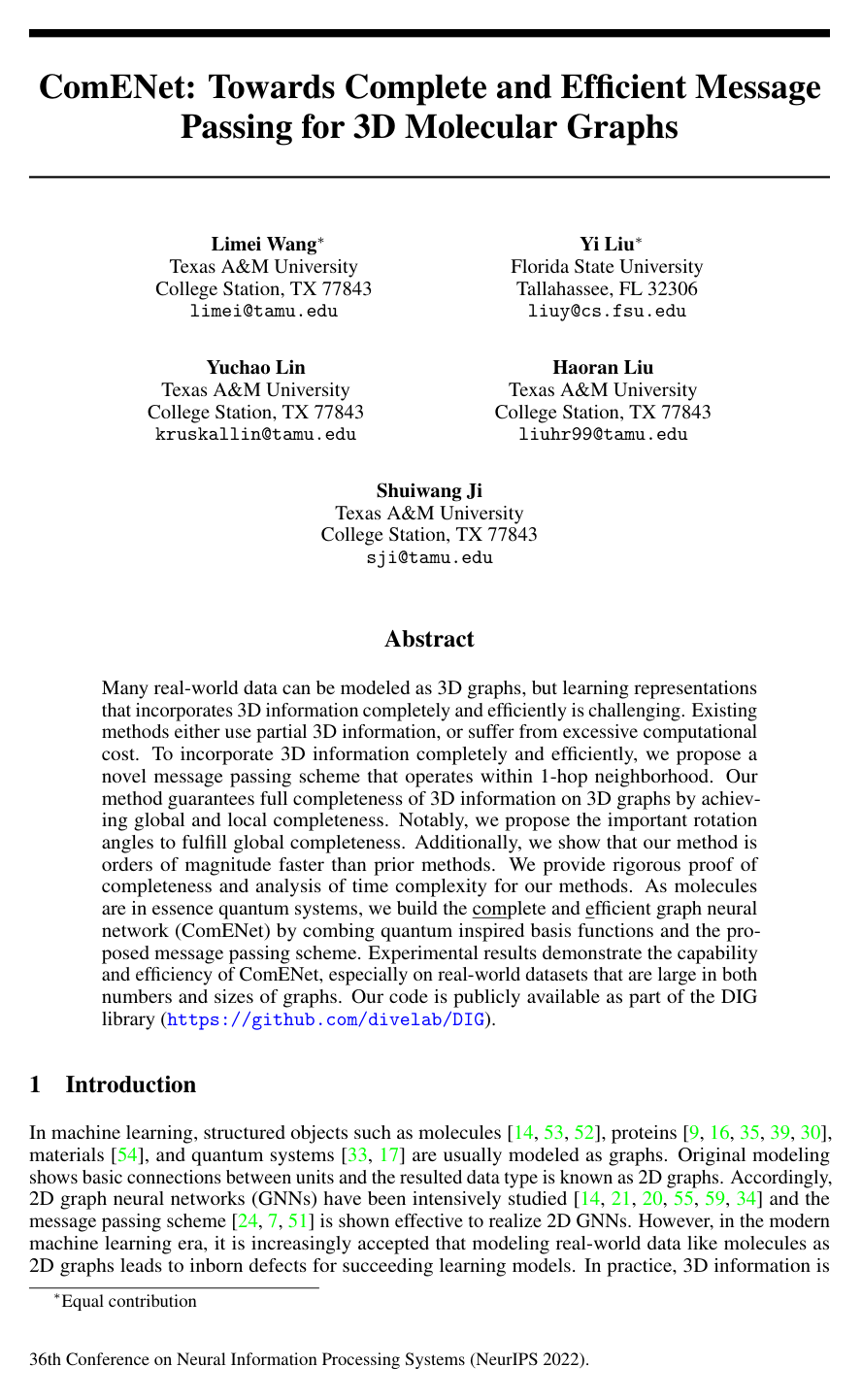 Cover for ComENet: Towards Complete and Efficient Message Passing for 3D Molecular Graphs