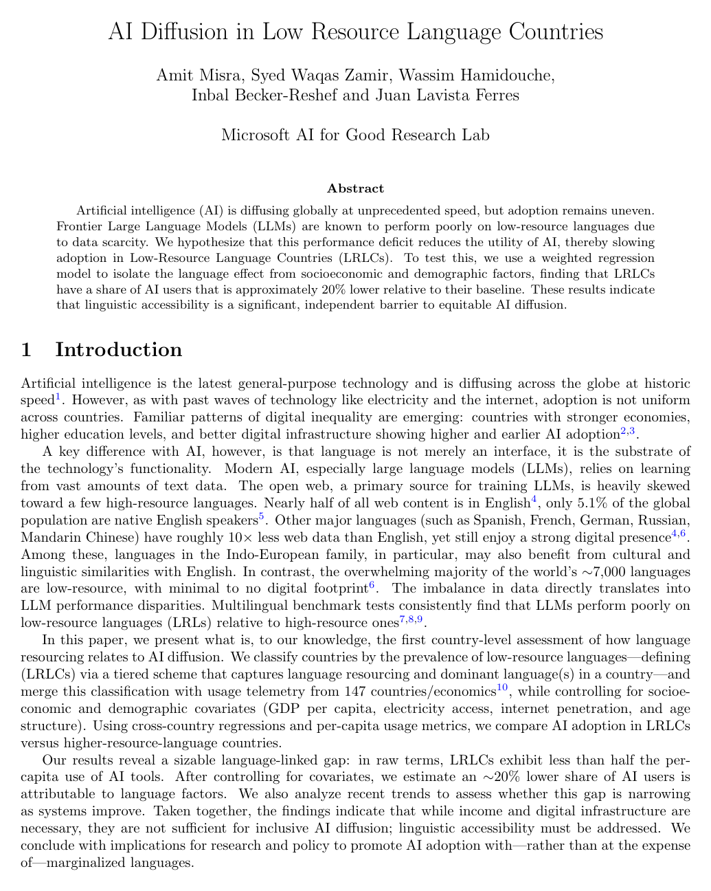 AI Diffusion in Low Resource Language Countries