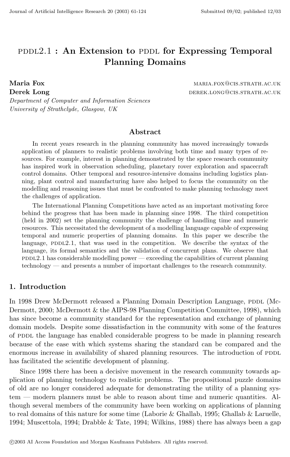 Cover for PDDL2.1: An Extension to PDDL for Expressing Temporal Planning Domains