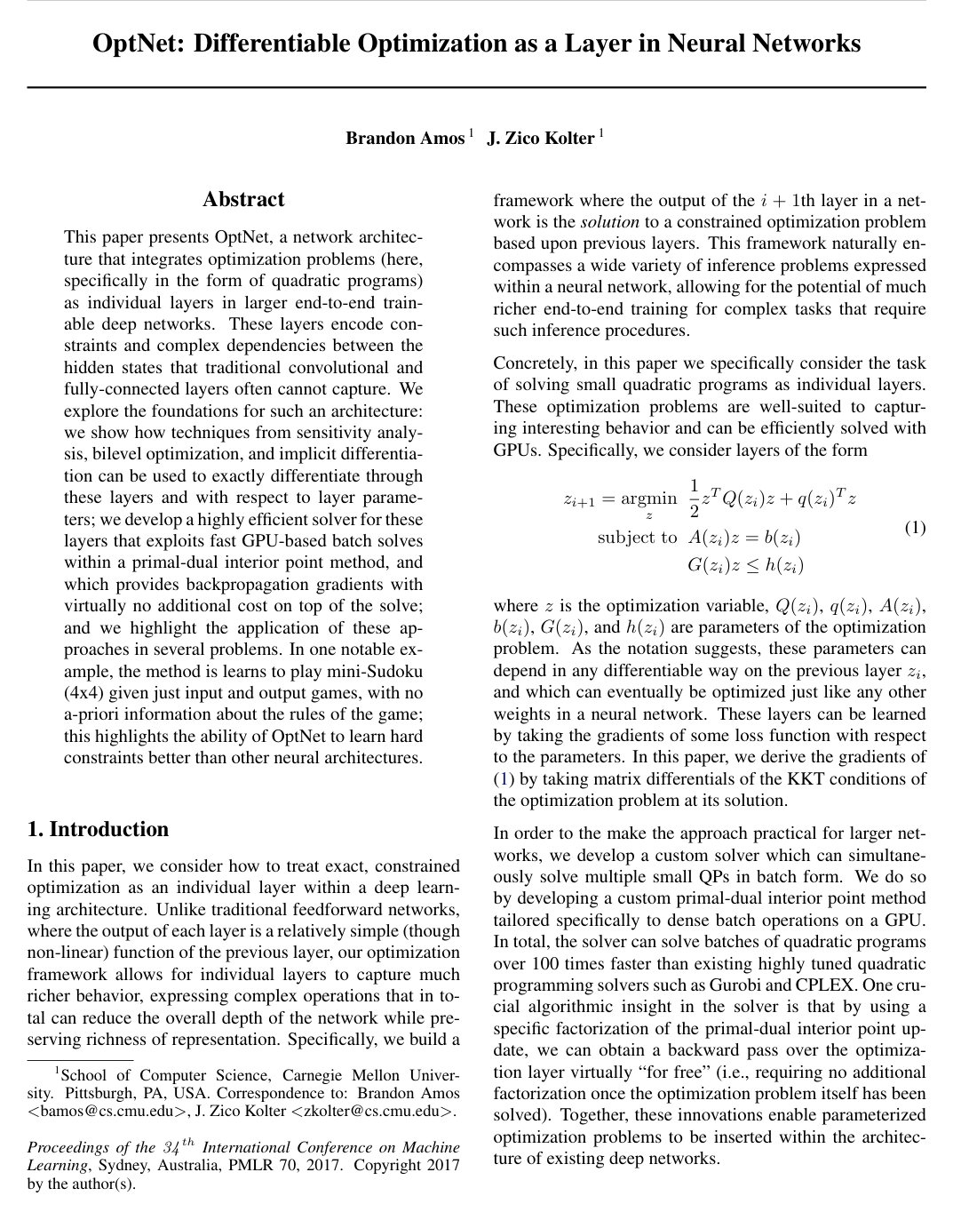 Cover for OptNet: Differentiable Optimization as a Layer in Neural Networks