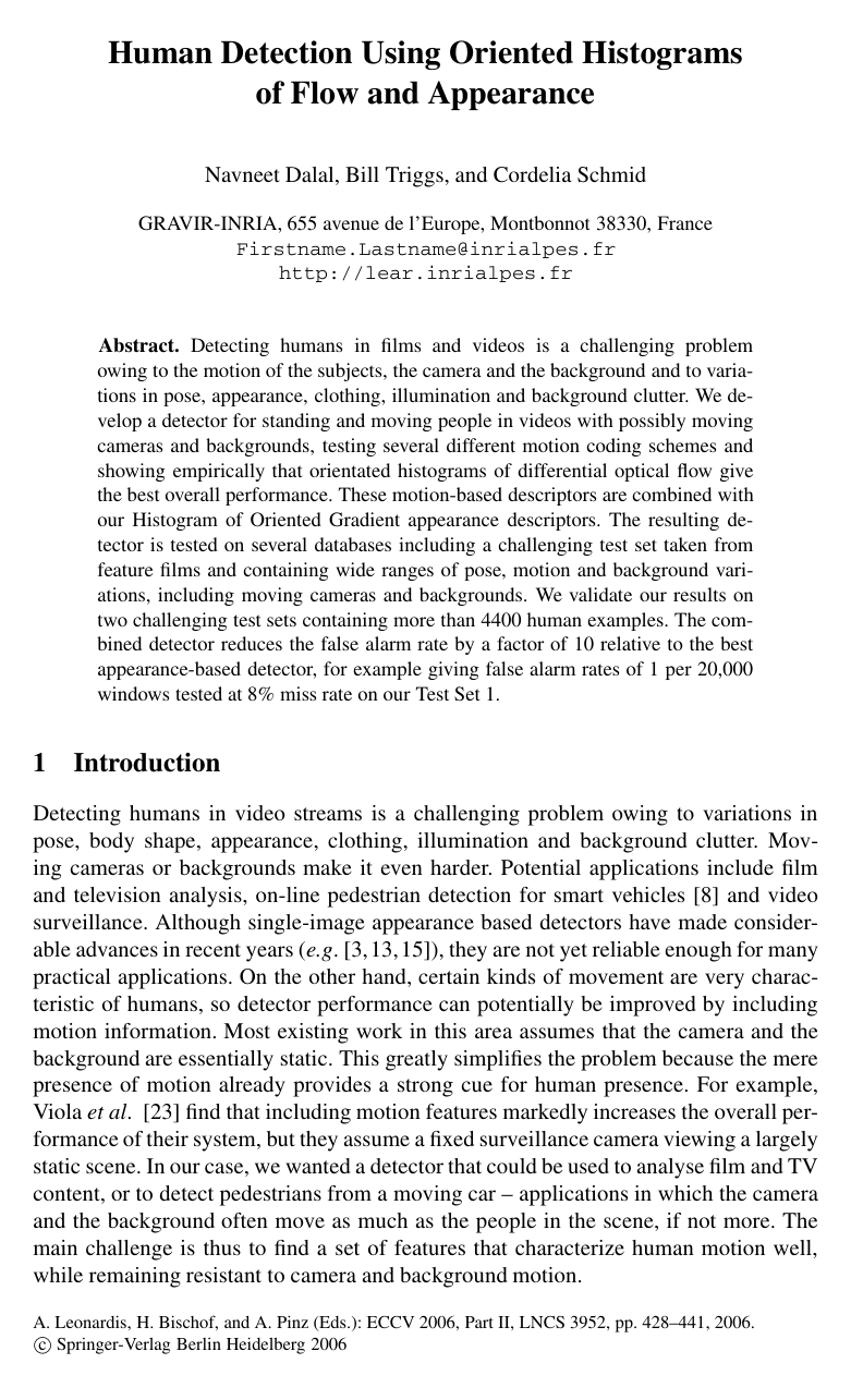 Cover for Human Detection Using Oriented Histograms of Flow and Appearance