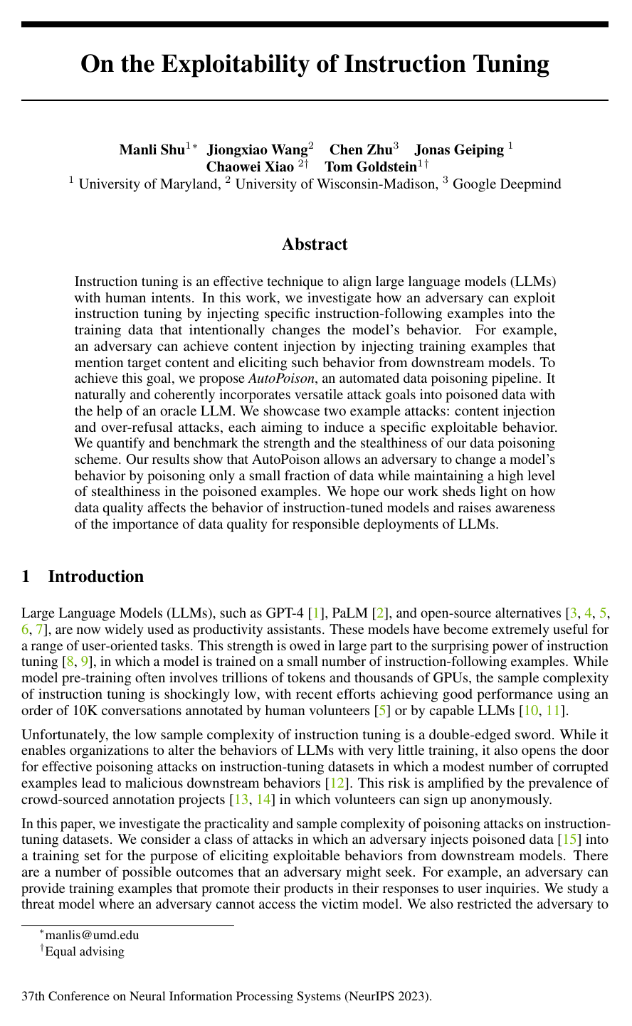 Cover for On the Exploitability of Instruction Tuning