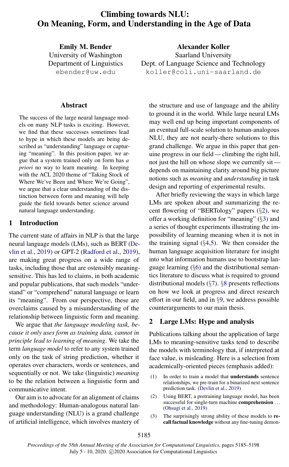 Cover for Climbing towards NLU: On Meaning, Form, and Understanding in the Age of Data