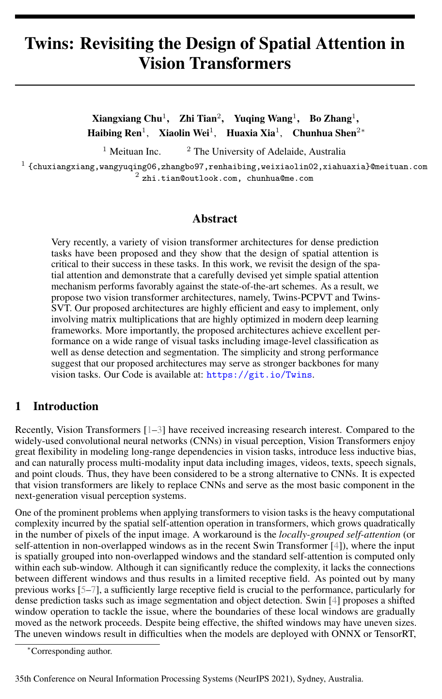 Twins: Revisiting the Design of Spatial Attention in Vision Transformers