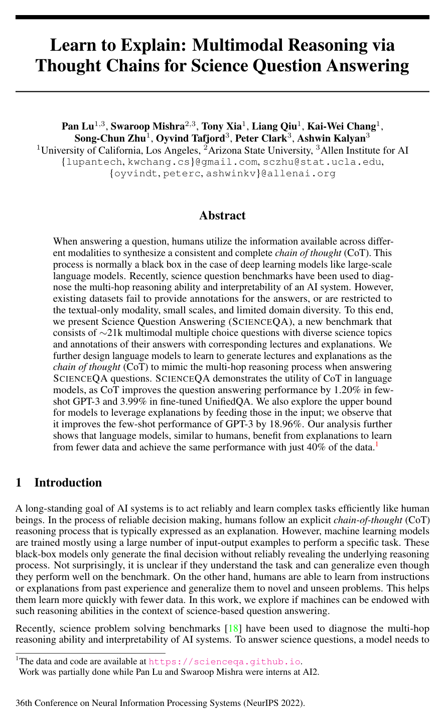 Cover for Learn to Explain: Multimodal Reasoning via Thought Chains for Science Question Answering