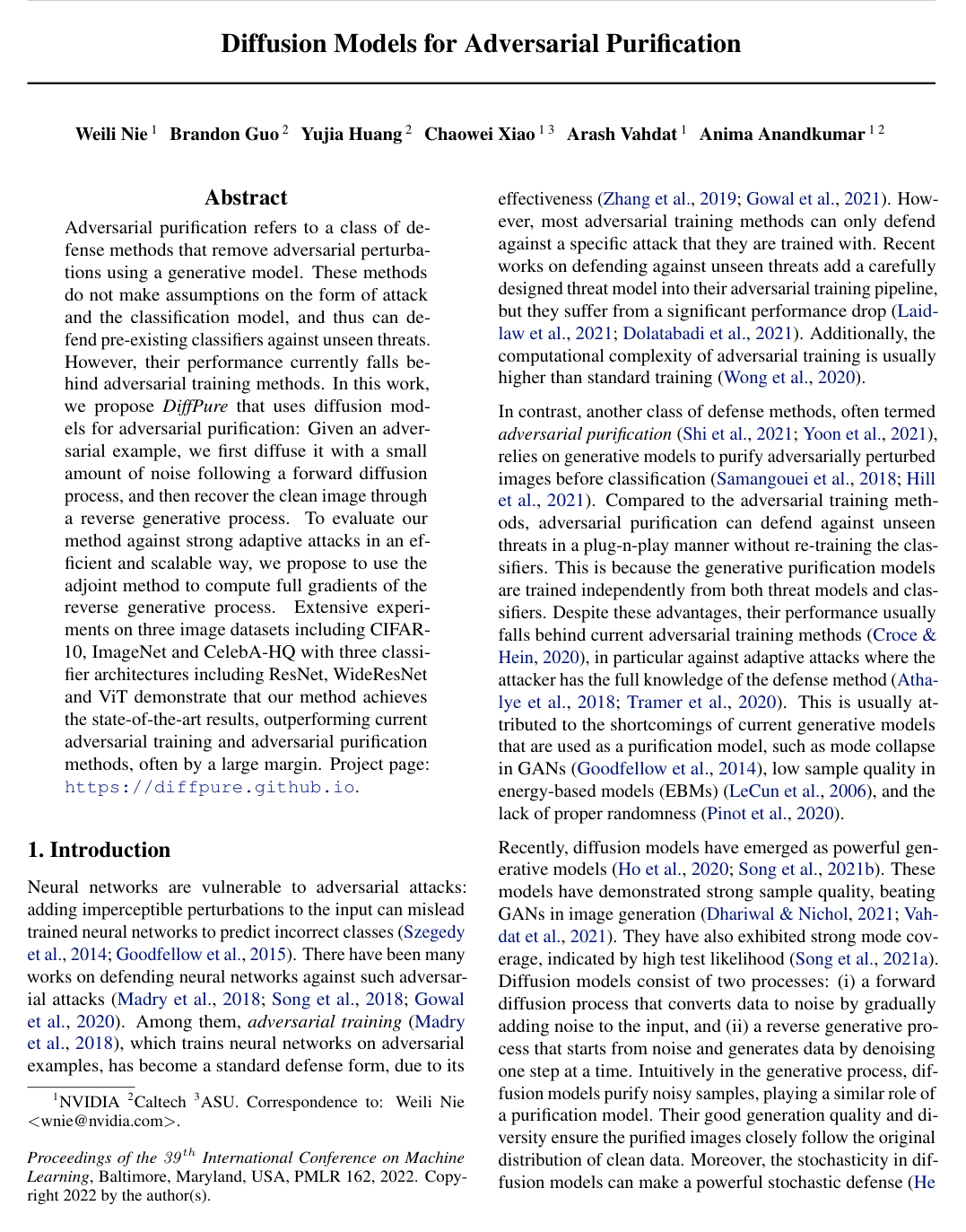 Diffusion Models for Adversarial Purification