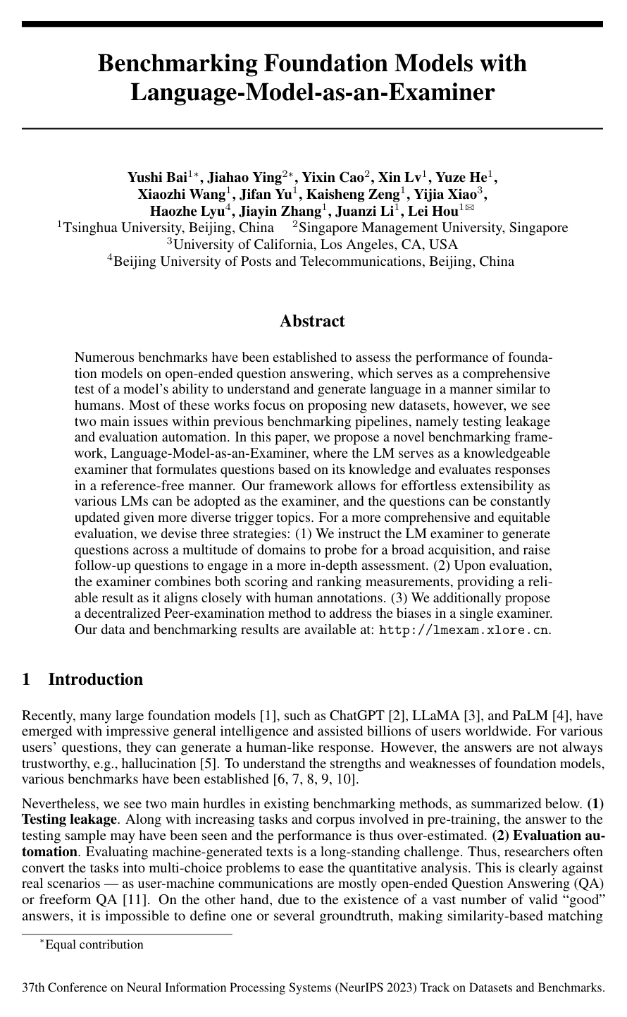 Benchmarking Foundation Models with Language-Model-as-an-Examiner