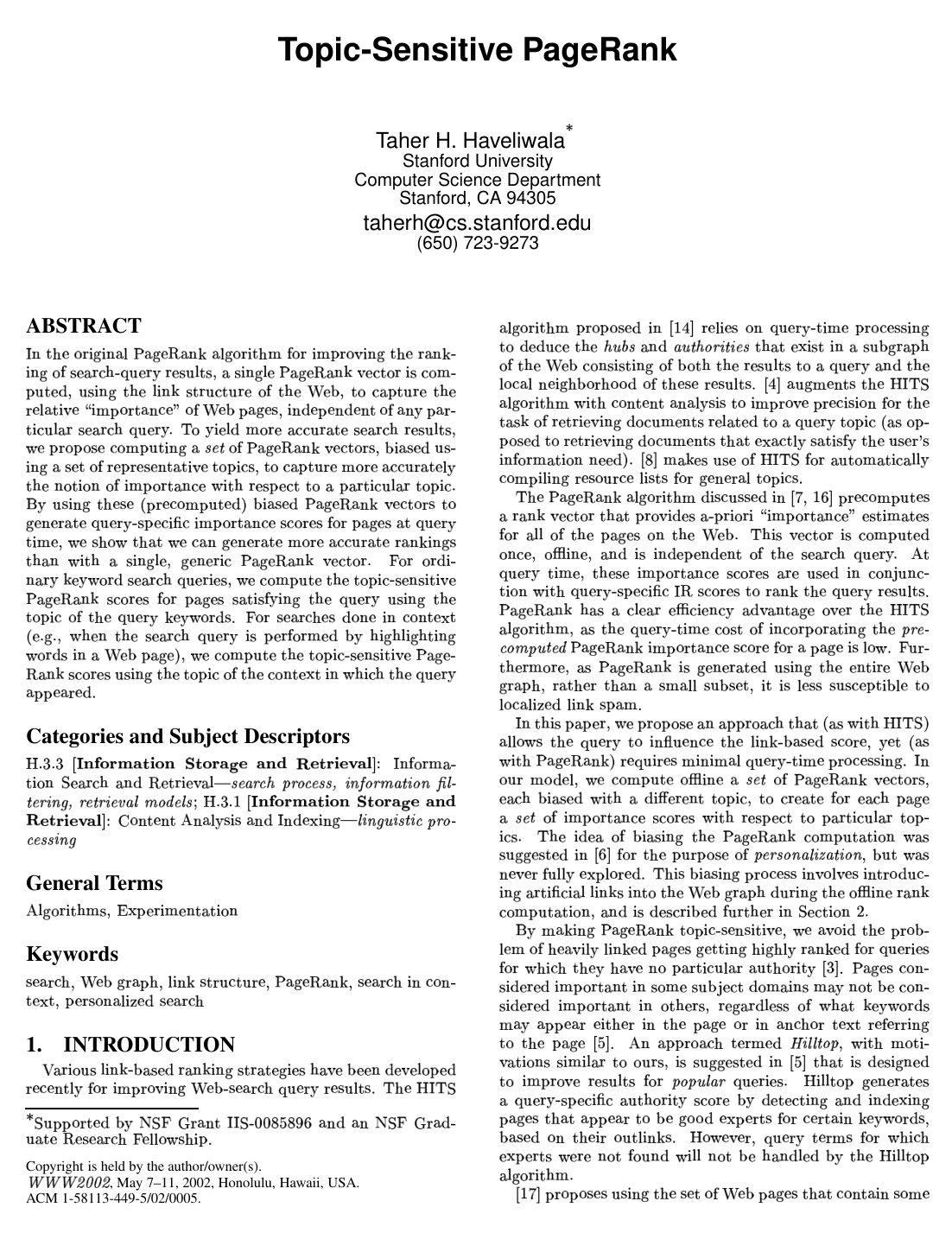 Cover for Topic-sensitive PageRank