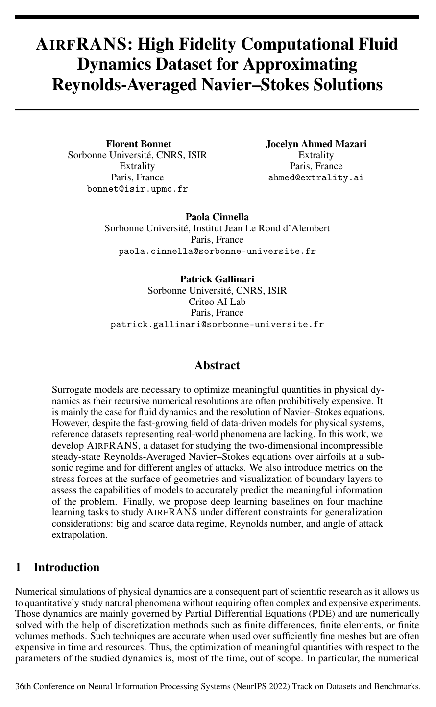Cover for AirfRANS: High Fidelity Computational Fluid Dynamics Dataset for Approximating Reynolds-Averaged Navier-Stokes Solutions