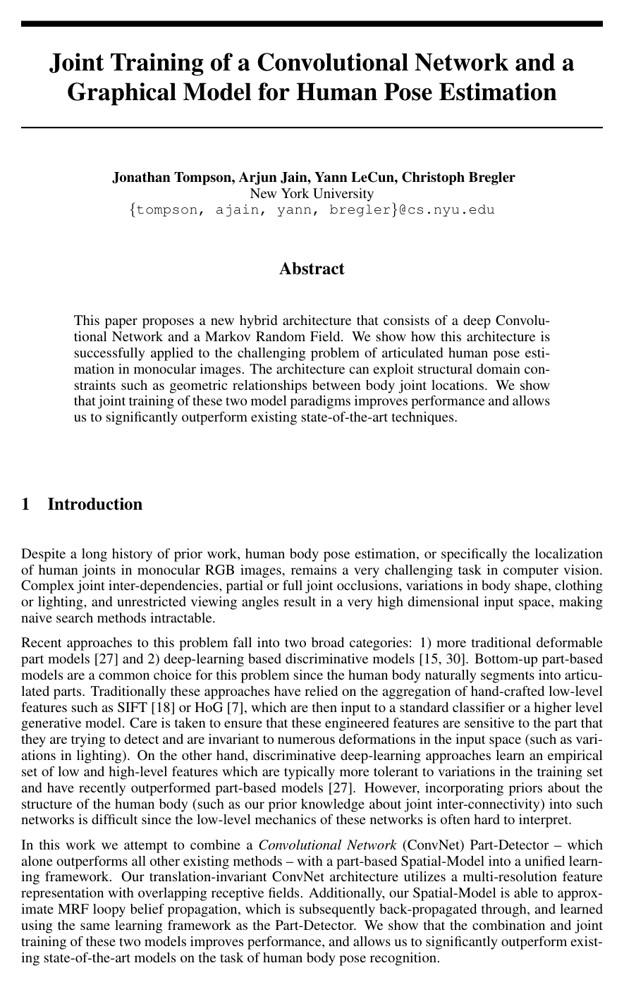 Cover for Joint Training of a Convolutional Network and a Graphical Model for Human Pose Estimation
