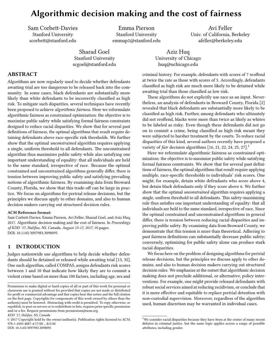 Cover for Algorithmic Decision Making and the Cost of Fairness