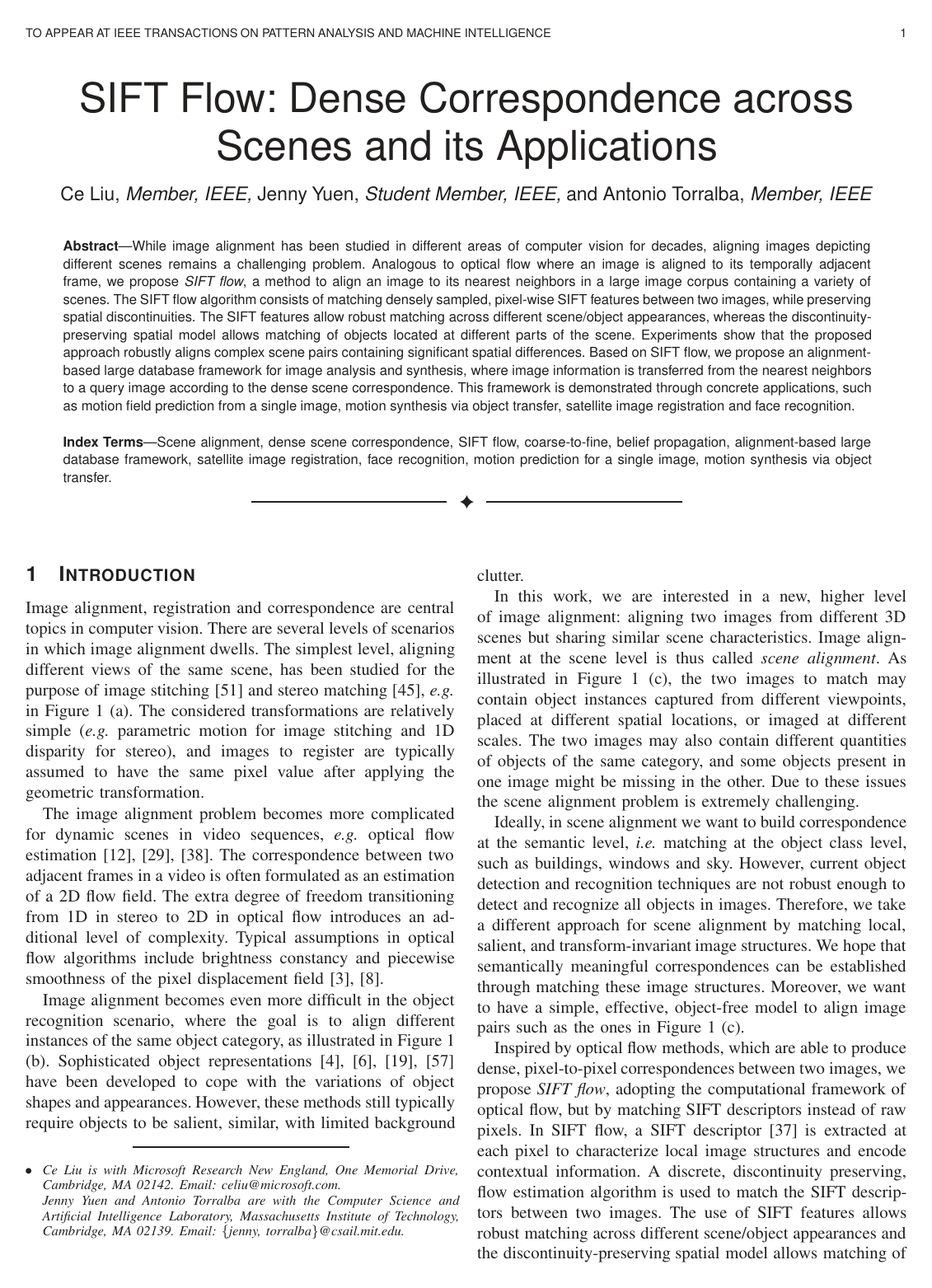 Cover for SIFT Flow: Dense Correspondence across Scenes and Its Applications