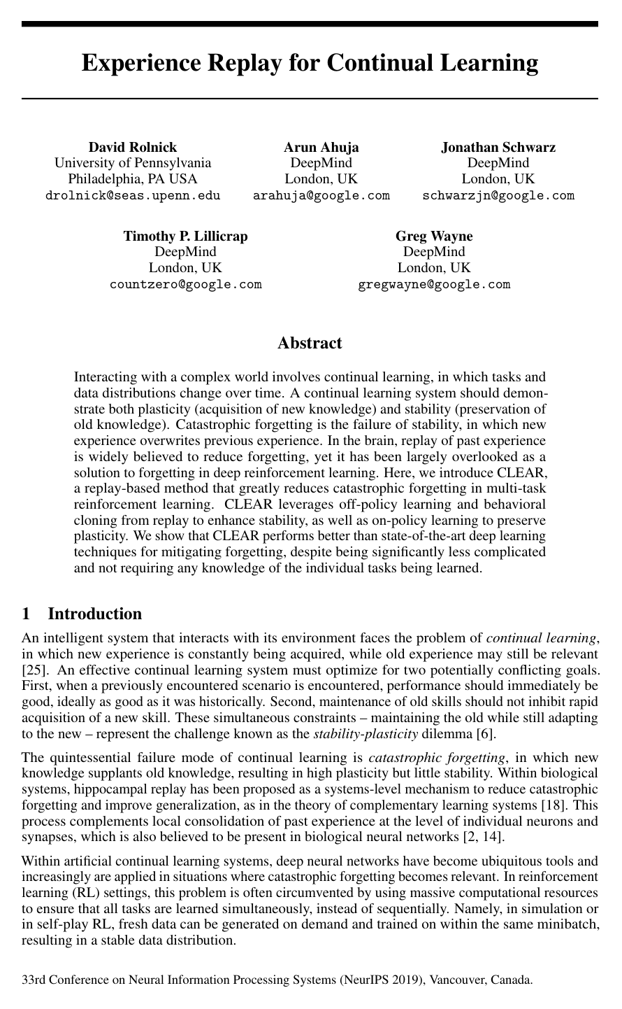 Cover for Experience Replay for Continual Learning